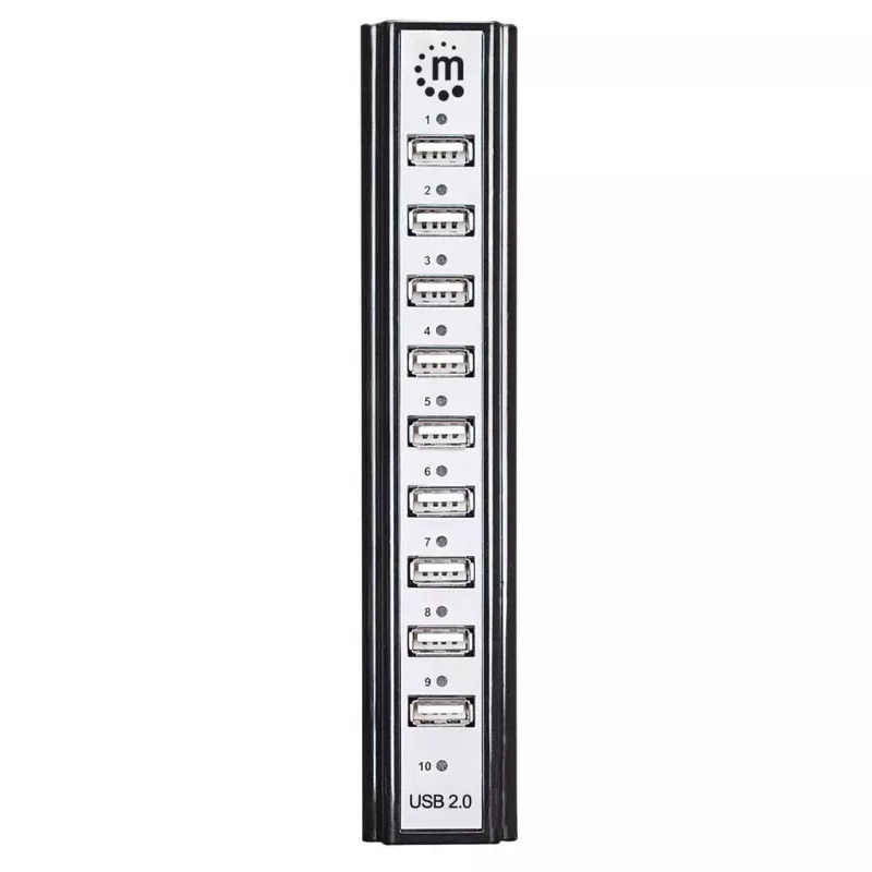 Manhattan USB-A 10 pordiga lauajaotur, 10x USB-A porti, 480 Mbps (USB 2.0), toitega USB või välise toiteallika kaudu (ei kuulu komplekti) ühendatud seadmete suurema võimsuse tagamiseks