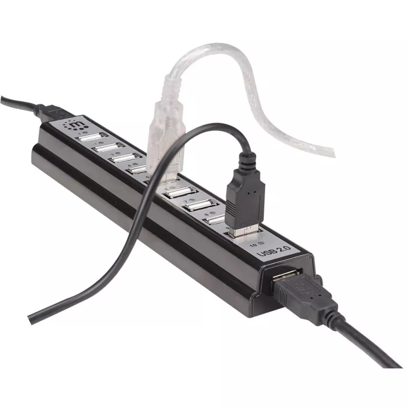Manhattan USB-A 10 pordiga lauajaotur, 10x USB-A porti, 480 Mbps (USB 2.0), toitega USB või välise toiteallika kaudu (ei kuulu komplekti) ühendatud seadmete suurema võimsuse tagamiseks