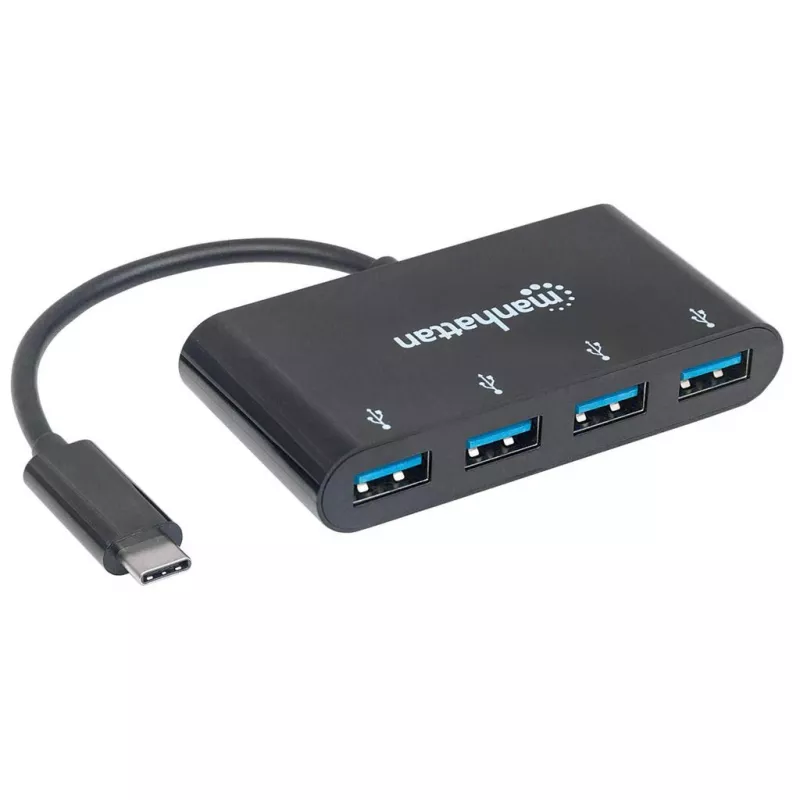 Manhattan USB-C dokk/jaotur, pordid (x4): USB-A (x4), 5 Gbps (USB 3.2 Gen1 ehk USB 3.0), USB-toitega (välist toiteplokki pole vaja), kaabel 20 cm, samaväärne mudeliga HB30C4AB