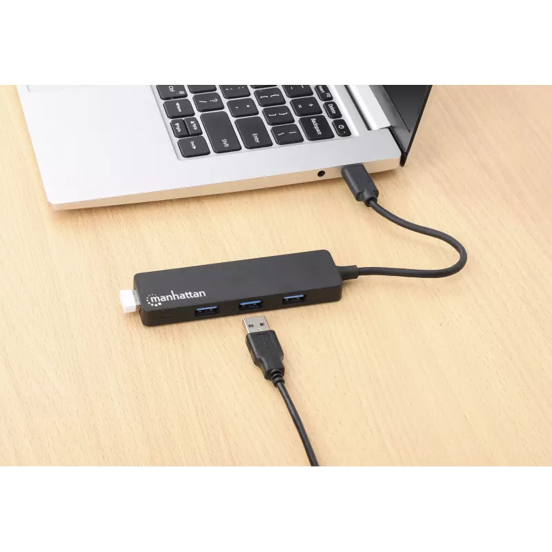 Manhattan USB-C dokk/jaotur, pordid (4): USB-A (x4), 5 Gbps (USB 3.2 Gen1 ehk USB 3.0), USB-toitega (välist toiteplokki pole vaja), võrdväärne mudeliga HB30CM4AB