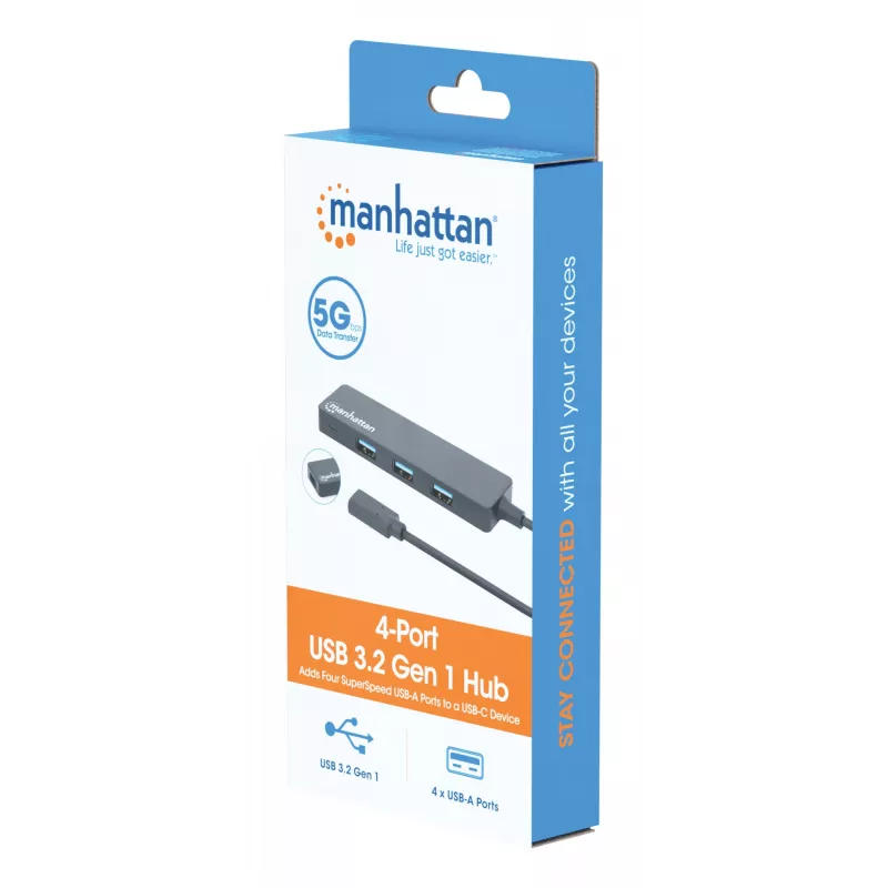 Manhattan USB-C dokk/jaotur, pordid (4): USB-A (x4), 5 Gbps (USB 3.2 Gen1 ehk USB 3.0), USB-toitega (välist toiteplokki pole vaja), võrdväärne mudeliga HB30CM4AB