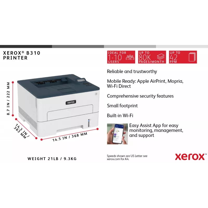 Xerox B310 A4 40ppm juhtmevaba kahepoolne printer PS3 PCL5e/6 2 salve, kokku 350 lehte