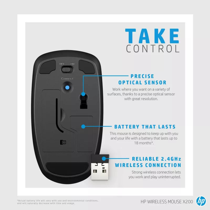 HP Wireless Mouse X200, kahekäeline, optiline, RF-juhtmevaba, 1600 DPI, must