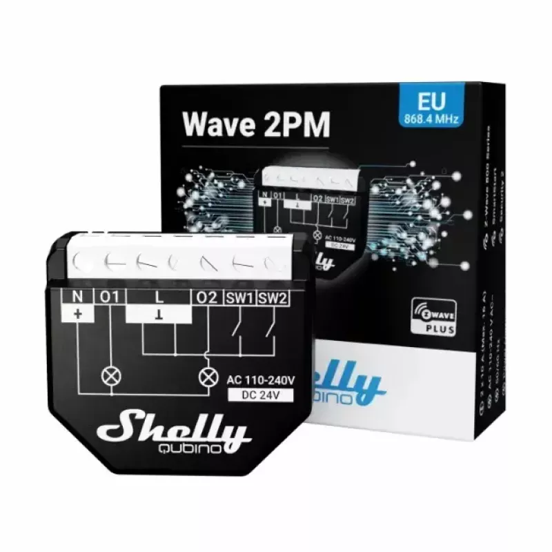 Nutikell Shelly WAVE 2PM Must (Shelly) — juhtmevaba Z-Wave, 16 A, 110–240 V, 868,4 MHz