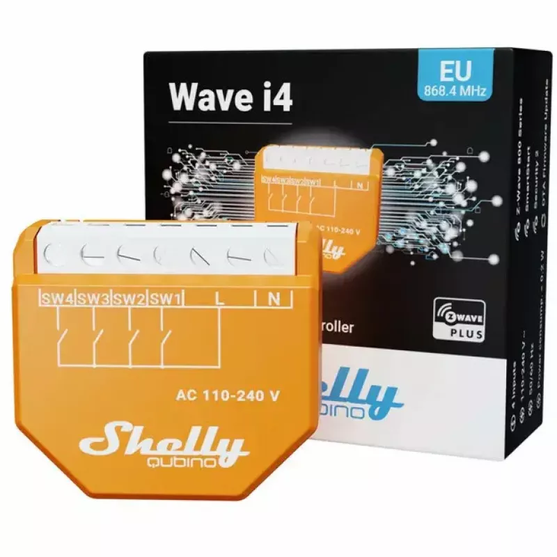 Nutikas lüliti Shelly Qubino Wave i4 — traadita stseenide kontroller 110–240V, 16A, 50/60Hz, oranž
