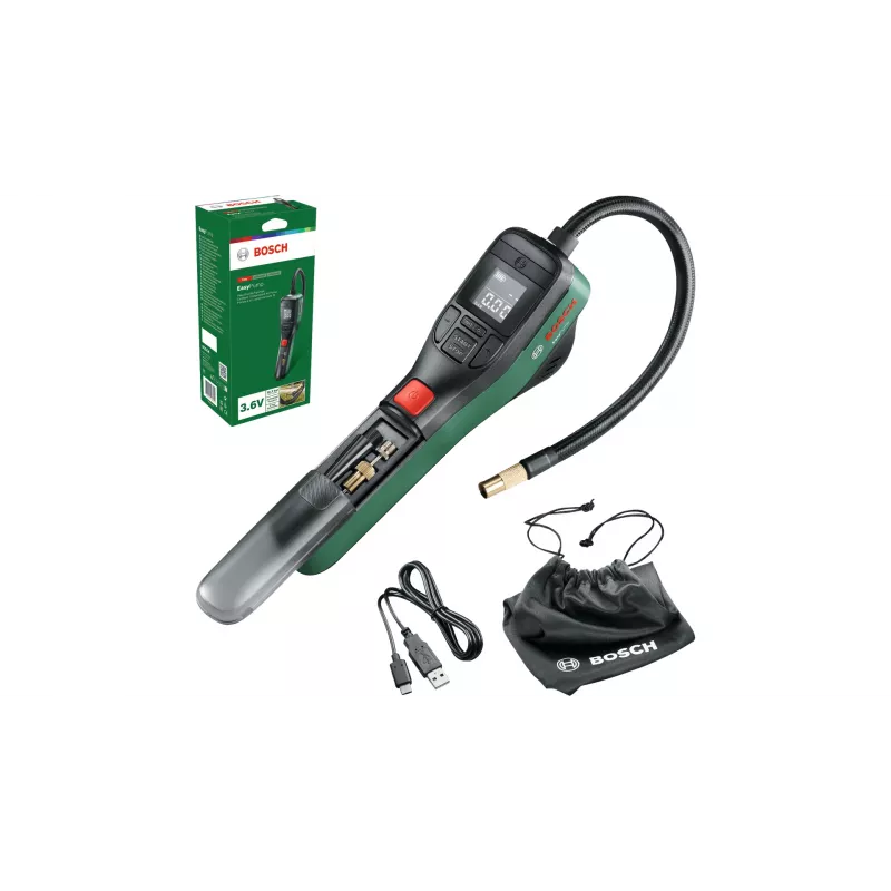 Elektriline õhupump Bosch 0.603.947.000 — kaasaskantav, laetav, 10 bar (150–150 psi), 3000 mAh, USB‑C, 10 l/min, vooliku ja tarvikutega