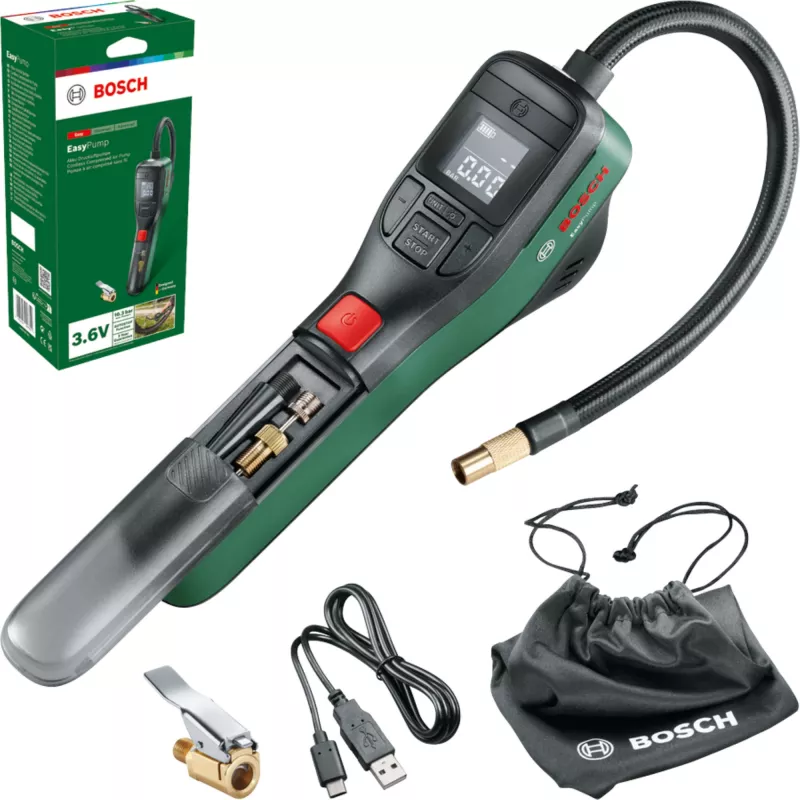 Elektriline õhupump Bosch 0.603.947.000 — kaasaskantav, laetav, 10 bar (150–150 psi), 3000 mAh, USB‑C, 10 l/min, vooliku ja tarvikutega