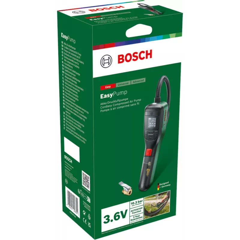 Elektriline õhupump Bosch 0.603.947.000 — kaasaskantav, laetav, 10 bar (150–150 psi), 3000 mAh, USB‑C, 10 l/min, vooliku ja tarvikutega