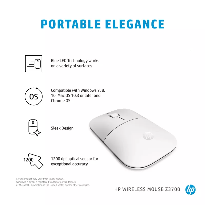 HP Z3700 keraamiline valge juhtmevaba hiir, kahekäeline, optiline, RF-juhtmevaba, 1200 DPI, hõbedane, valge