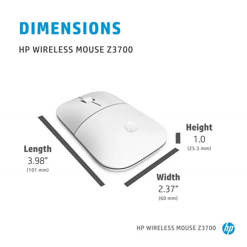 HP Z3700 keraamiline valge juhtmevaba hiir, kahekäeline, optiline, RF-juhtmevaba, 1200 DPI, hõbedane, valge