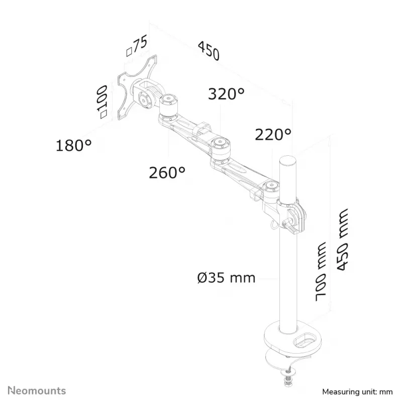 Neomounts FPMA-D935G Monitori käsi 10-30 tolli, läbiviigukinnitus, 10 kg, 25,4 cm (10 tolli), 76,2 cm (30 tolli), 100 x 100 mm, hõbedane