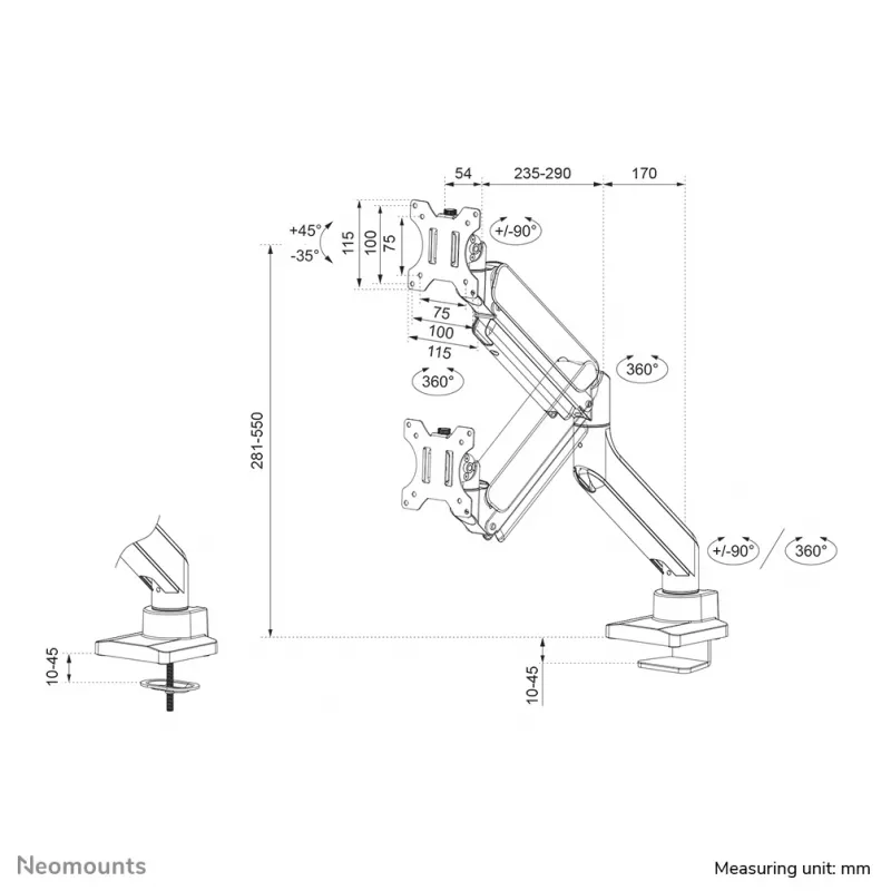 Neomounts DS70-450WH1 Monitori käsi 17-42 tolli - gaasivedru - Topfix - 180°-piirik