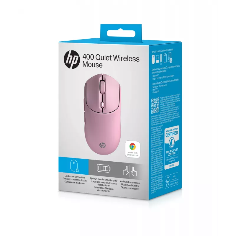 HP 400 Vaikne roosa juhtmevaba hiir, kahekäeline, RF-juhtmevaba + Bluetooth, 6000 DPI, roosa