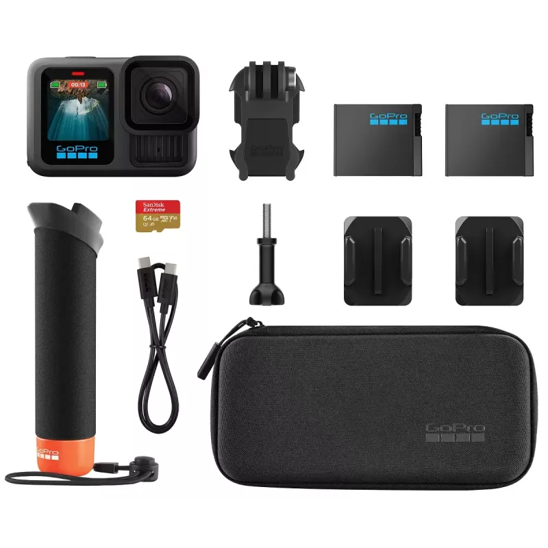 Tegevuskaamera GoPro HERO13 Black komplekt — 5.3K Ultra HD, 27.6 MP CMOS, 240 fps, 2.27 tolli LCD, 2x digitaalne suum, stereo WAV heli