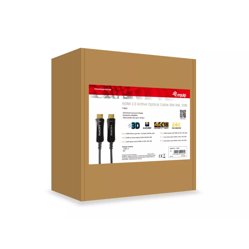 Equip HDMI 2.0 aktiivne optiline kaabel AM/AM, 50m, 4K/60Hz, 50 m, HDMI tüüp A (standard), HDMI tüüp A (standard), 3D, must