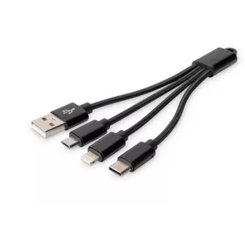 DIGITUS USB laadimiskaabel USB A - Lightning+micro B+USB-C M/M/M/M 15 cm 3-in-1 kaabel, puuvill, CE, must