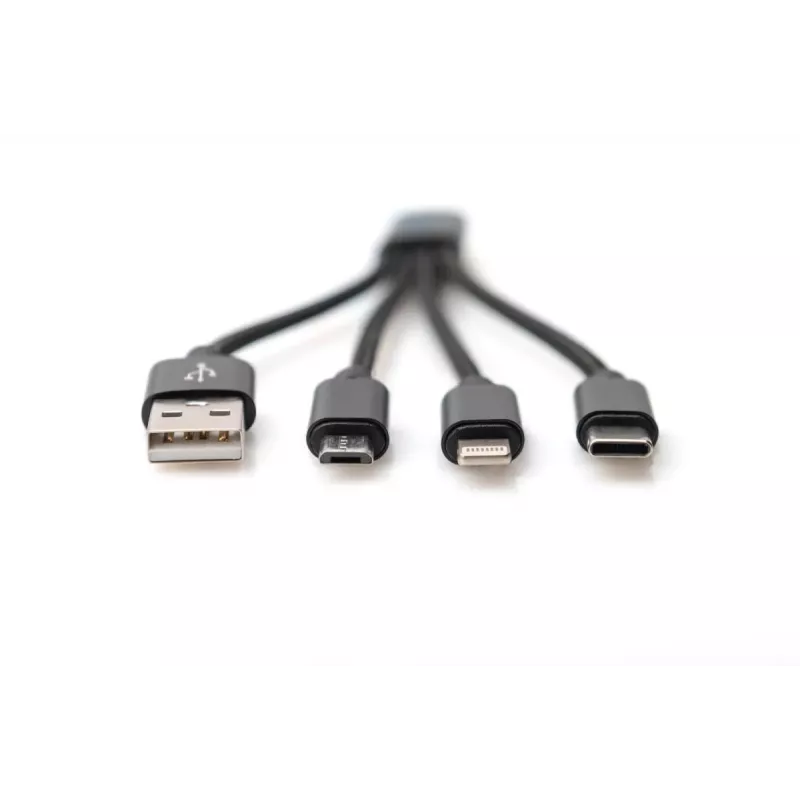 DIGITUS USB laadimiskaabel USB A - Lightning+micro B+USB-C M/M/M/M 15 cm 3-in-1 kaabel, puuvill, CE, must