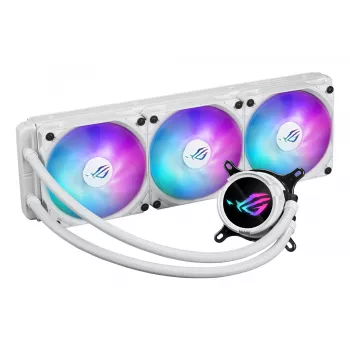 Vedelikjahutuskomplekt ASUS ROG Strix LC III 360 ARGB valge väljaanne — 360 mm radiaator, 3x 120 mm ARGB ventilaatorid, LCD-ekraan, vasest alus