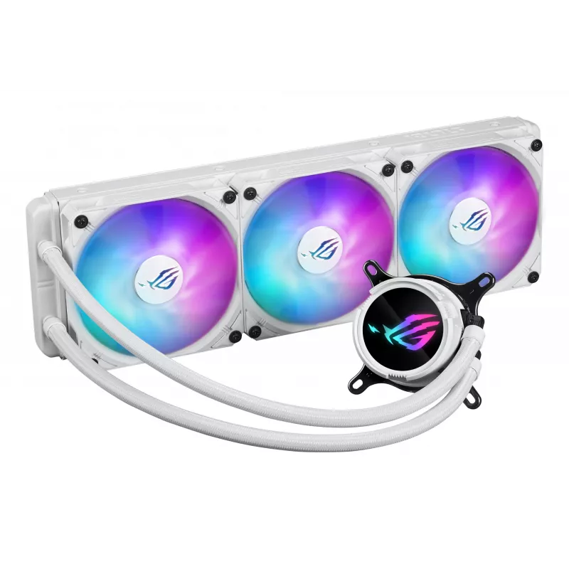 Vedelikjahutuskomplekt ASUS ROG Strix LC III 360 ARGB valge väljaanne — 360 mm radiaator, 3x 120 mm ARGB ventilaatorid, LCD-ekraan, vasest alus