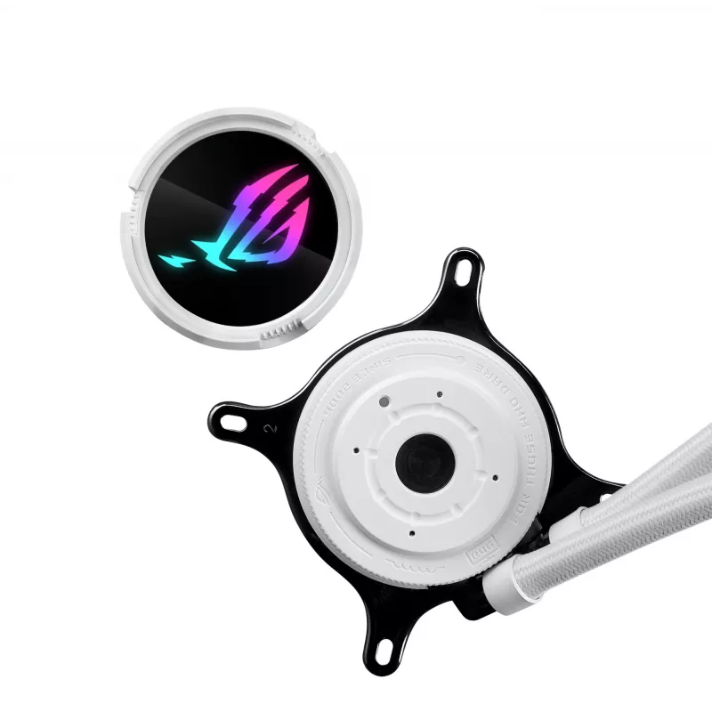 Vedelikjahutuskomplekt ASUS ROG Strix LC III 360 ARGB valge väljaanne — 360 mm radiaator, 3x 120 mm ARGB ventilaatorid, LCD-ekraan, vasest alus