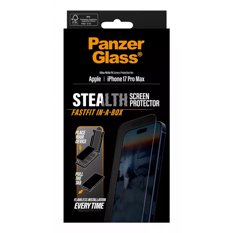 PanzerGlass® Stealth ekraanikaitse iPhone 17 Pro Max | ülilai sobivus FASTFIT IN-A-BOX süsteemiga