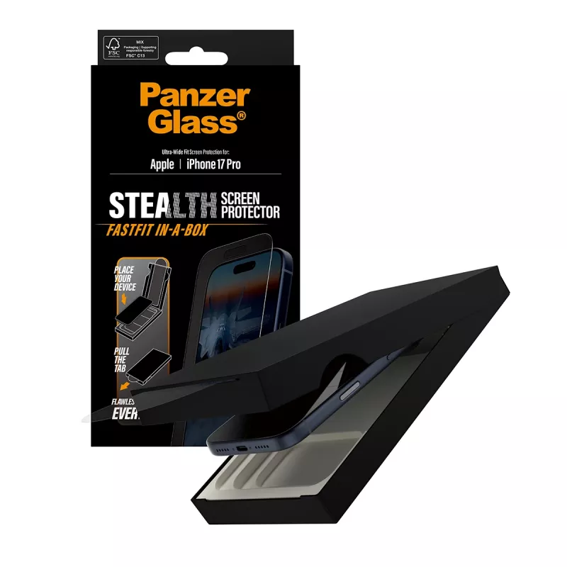 PanzerGlass ® Stealth Screen Protector iPhone 17 Pro | Ultra-Wide Fit koos FASTFIT IN-A-BOX