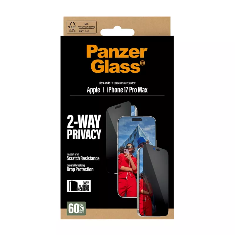 Ekraanikaitse PanzerGlass 2-Way Privacy iPhone 17 Pro Max jaoks — karastatud klaas, ülilai sobivus, EasyAligner