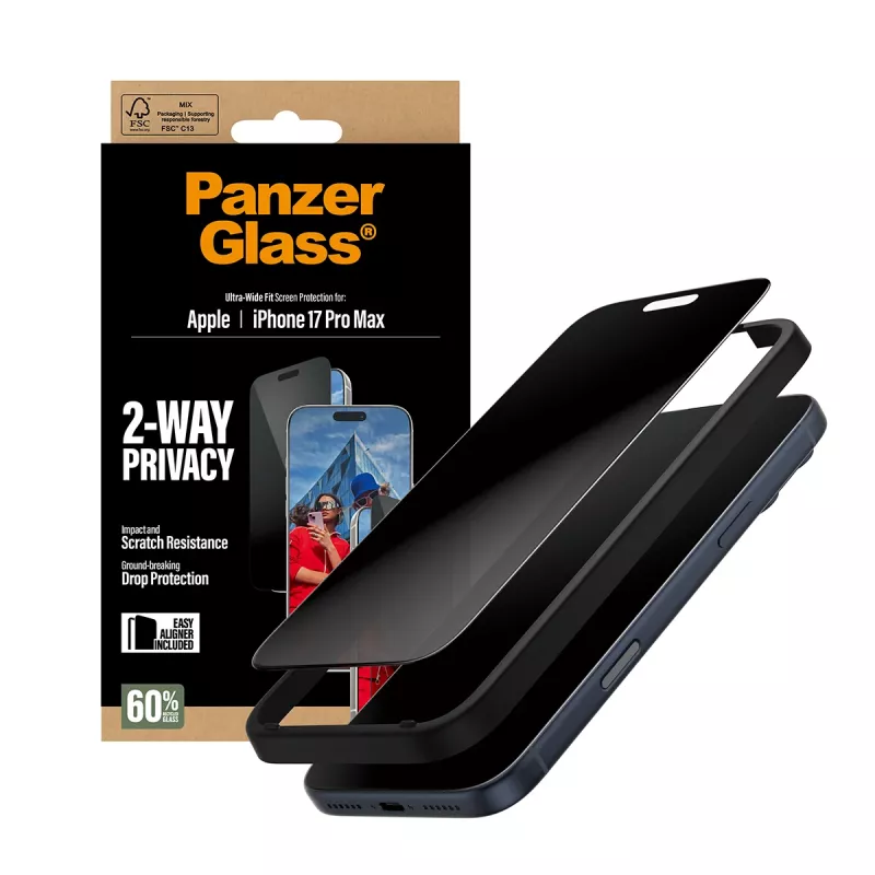 Ekraanikaitse PanzerGlass 2-Way Privacy iPhone 17 Pro Max jaoks — karastatud klaas, ülilai sobivus, EasyAligner
