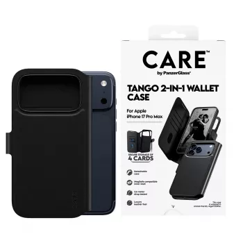 Kahe-ühes rahakotiga kaitseümbris PanzerGlass CARE Feature Case Tango MagSafe'iga iPhone 17 Pro Max'ile, must