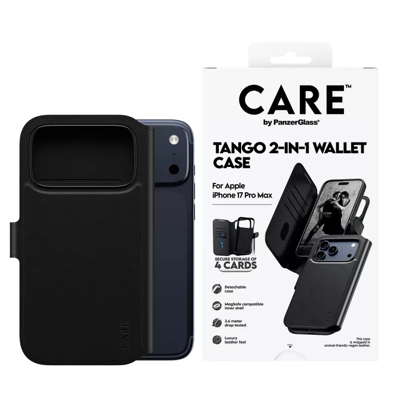 Kahe-ühes rahakotiga kaitseümbris PanzerGlass CARE Feature Case Tango MagSafe'iga iPhone 17 Pro Max'ile, must