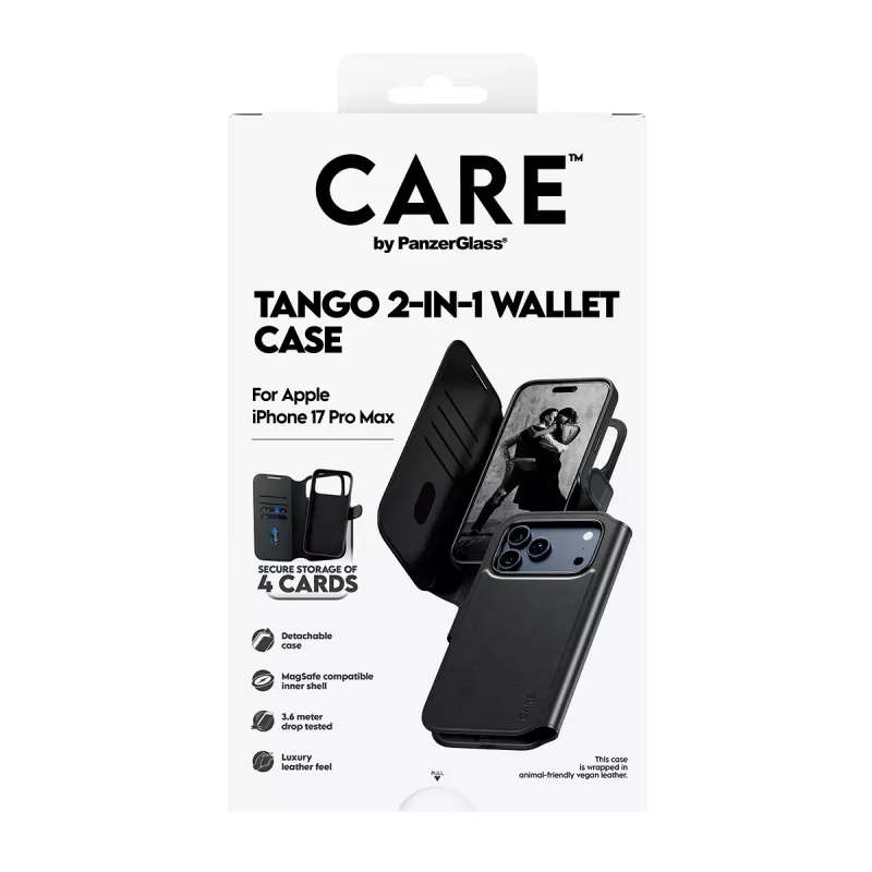 Kahe-ühes rahakotiga kaitseümbris PanzerGlass CARE Feature Case Tango MagSafe'iga iPhone 17 Pro Max'ile, must