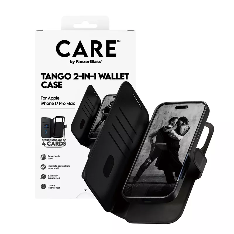 Kahe-ühes rahakotiga kaitseümbris PanzerGlass CARE Feature Case Tango MagSafe'iga iPhone 17 Pro Max'ile, must