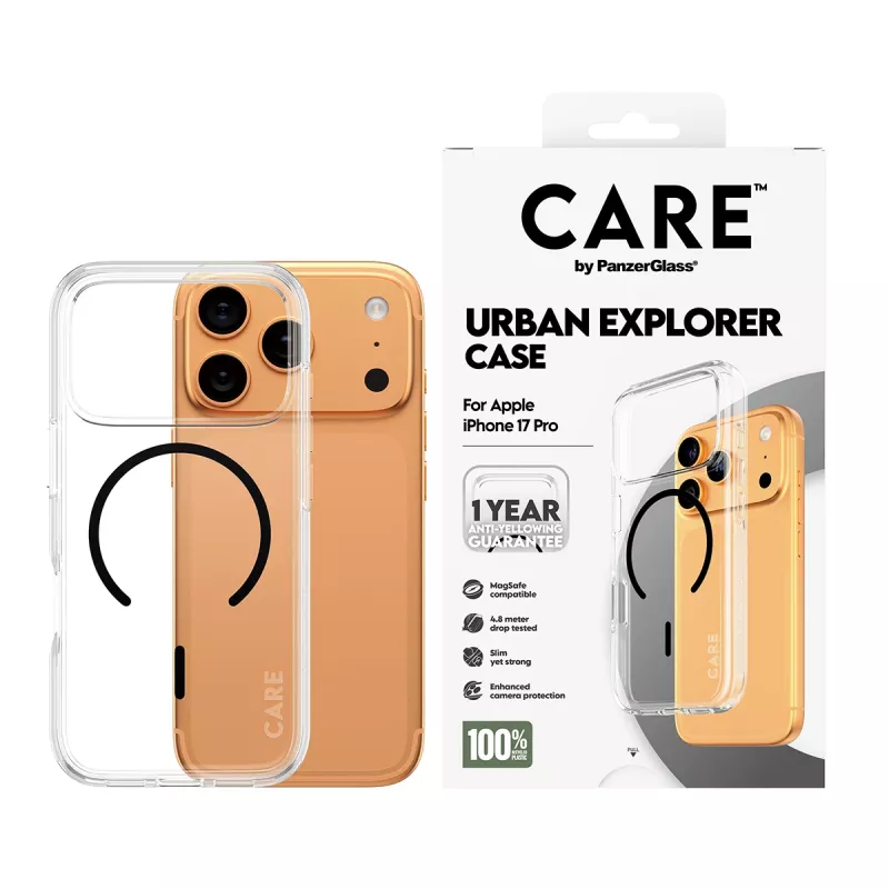 PanzerGlass CARE™ by ® Urban Explorer Case läbipaistev musta MagSafe'iga iPhone 17 Pro