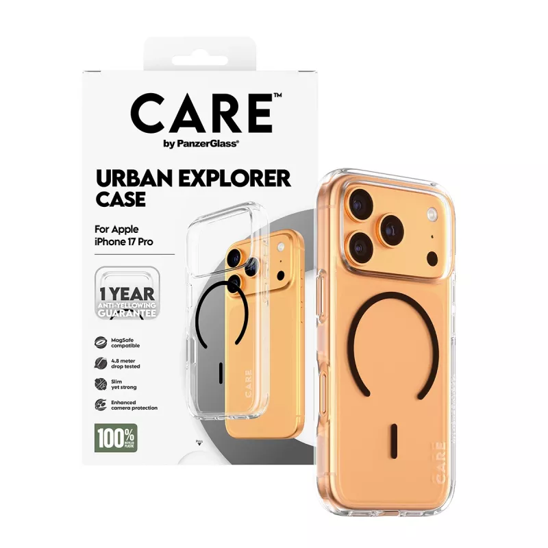 PanzerGlass CARE™ by ® Urban Explorer Case läbipaistev musta MagSafe'iga iPhone 17 Pro