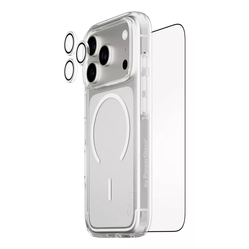 Ekraanikaitsekomplekt PanzerGlass CARE 3-in-1 Flagship Explorer iPhone 17 Pro jaoks — karastatud klaas, PET, silikoon, läbipaistev