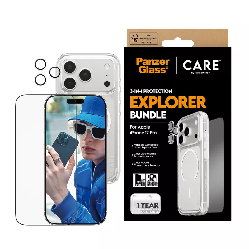 Ekraanikaitsekomplekt PanzerGlass CARE 3-in-1 Flagship Explorer iPhone 17 Pro jaoks — karastatud klaas, PET, silikoon, läbipaistev