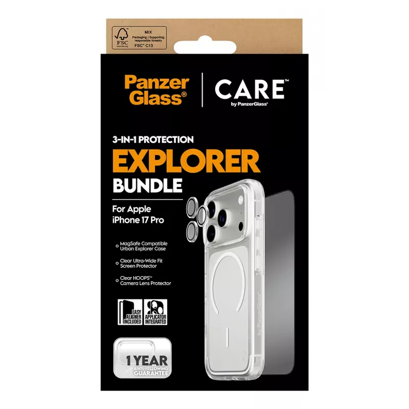 Ekraanikaitsekomplekt PanzerGlass CARE 3-in-1 Flagship Explorer iPhone 17 Pro jaoks — karastatud klaas, PET, silikoon, läbipaistev