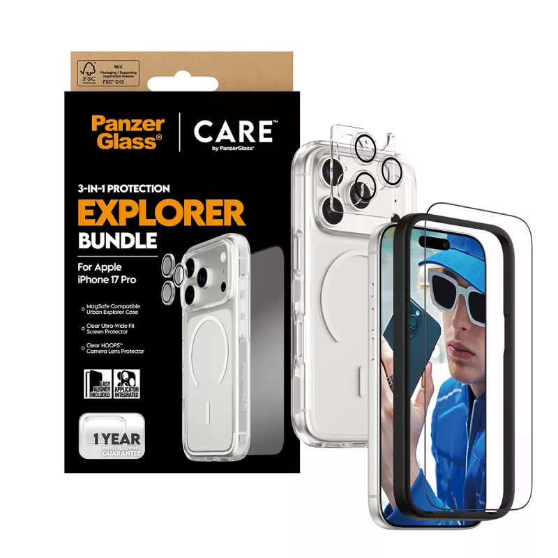 Ekraanikaitsekomplekt PanzerGlass CARE 3-in-1 Flagship Explorer iPhone 17 Pro jaoks — karastatud klaas, PET, silikoon, läbipaistev