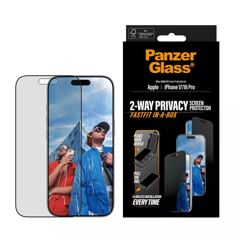 Privaatsusekraani kaitse PanzerGlass iPhone 17 / iPhone 16 Pro jaoks — ülilai sobivus, karastatud klaas + PET, FASTFIT