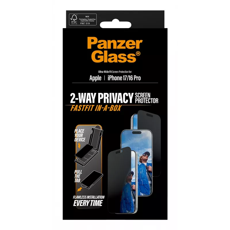 Privaatsusekraani kaitse PanzerGlass iPhone 17 / iPhone 16 Pro jaoks — ülilai sobivus, karastatud klaas + PET, FASTFIT