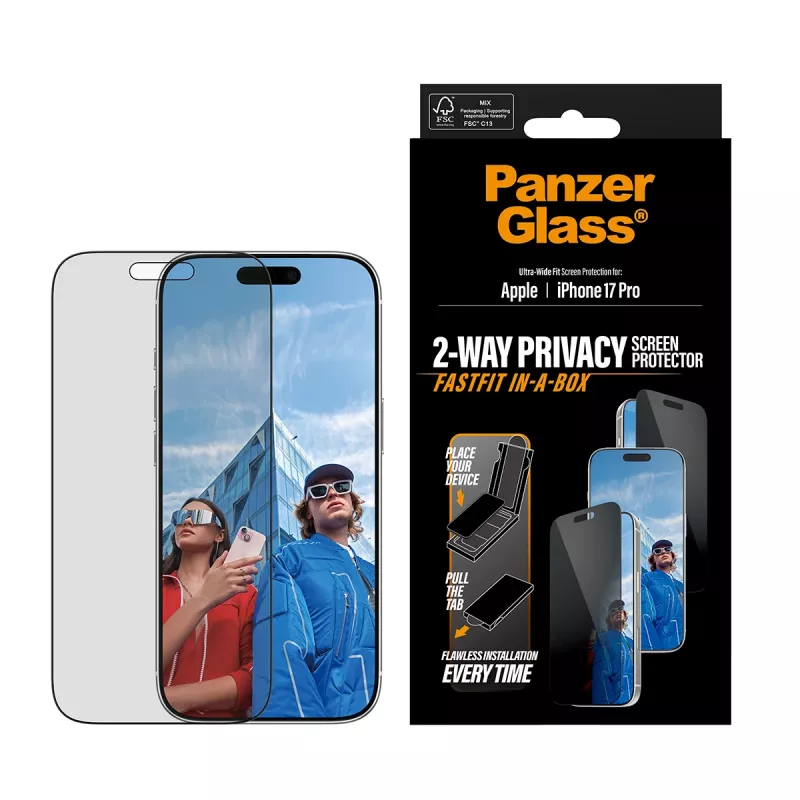 Ekraanikaitse PanzerGlass 2-Way Privacy iPhone 17 Pro jaoks — Ultra-Wide Fit, karastatud klaas, privaatsusfilter, FASTFIT
