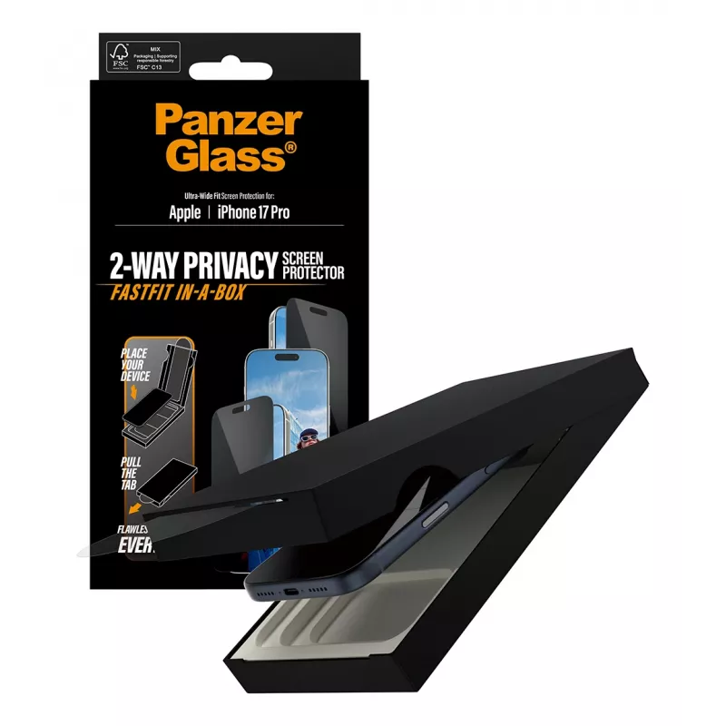 Ekraanikaitse PanzerGlass 2-Way Privacy iPhone 17 Pro jaoks — Ultra-Wide Fit, karastatud klaas, privaatsusfilter, FASTFIT