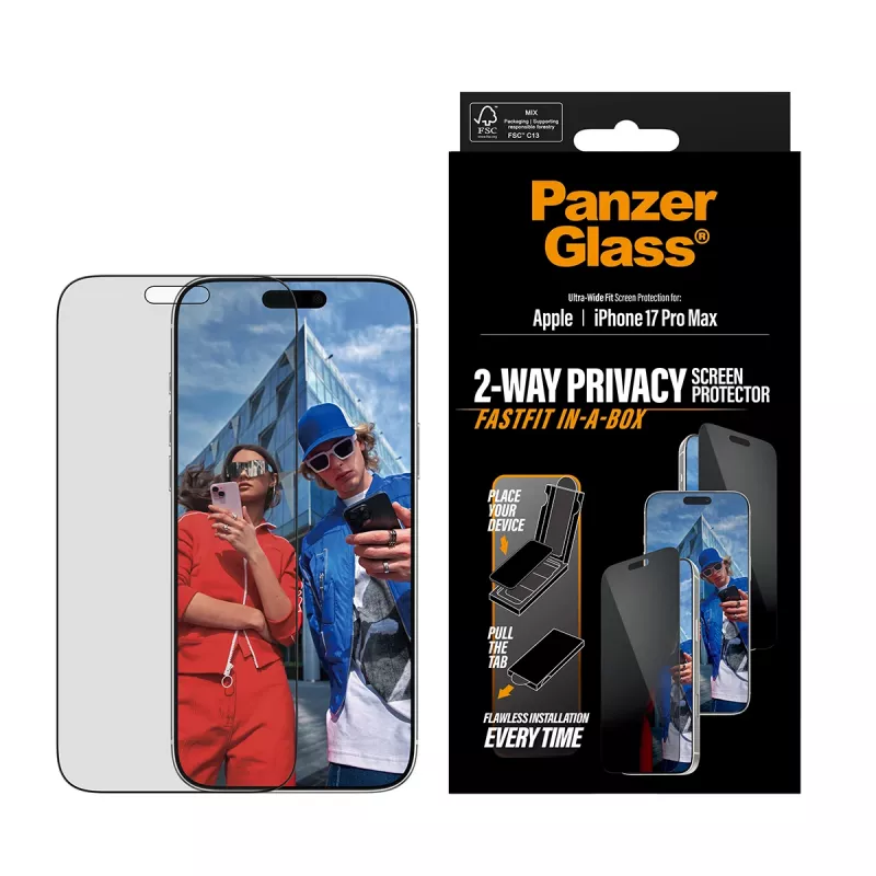 Ekraanikaitse PanzerGlass 2-Way Privacy iPhone 17 Pro Max jaoks — Karastatud klaas, Ultra-Wide Fit, FASTFIT