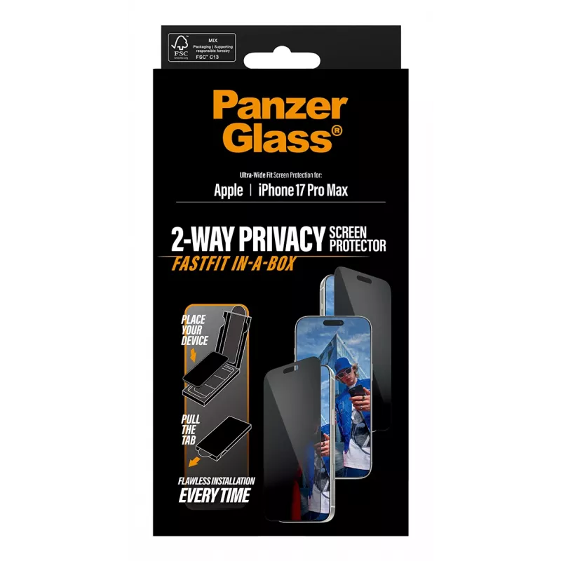 Ekraanikaitse PanzerGlass 2-Way Privacy iPhone 17 Pro Max jaoks — Karastatud klaas, Ultra-Wide Fit, FASTFIT