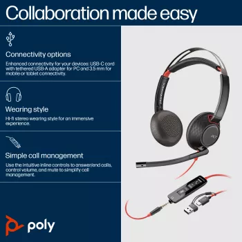 HP Poly Blackwire 5220 Stereo USB-C kõrvaklapid + 3,5 mm pistik + USB-C/A adapter
