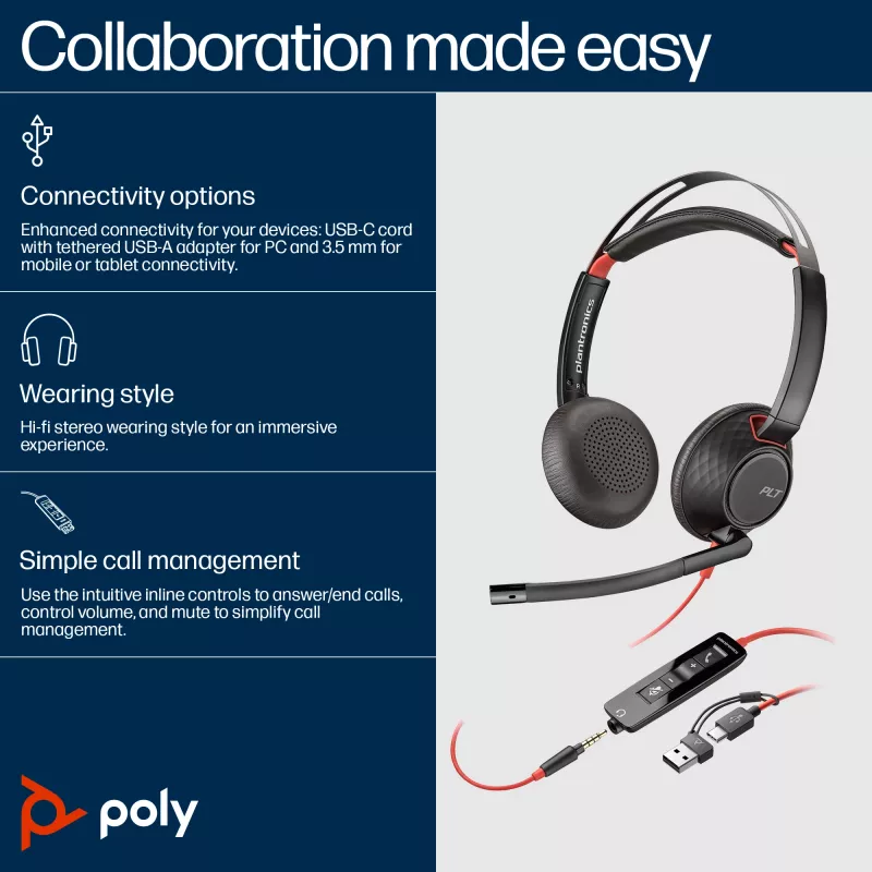 HP Poly Blackwire 5220 Stereo USB-C kõrvaklapid + 3,5 mm pistik + USB-C/A adapter