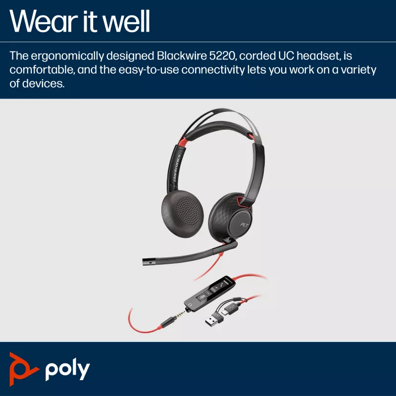 HP Poly Blackwire 5220 Stereo USB-C kõrvaklapid + 3,5 mm pistik + USB-C/A adapter