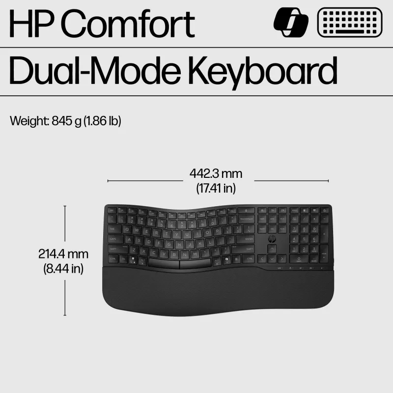 HP 685 Comfort Dual-Mode klaviatuur, täissuuruses, juhtmevaba, Bluetooth, membraan