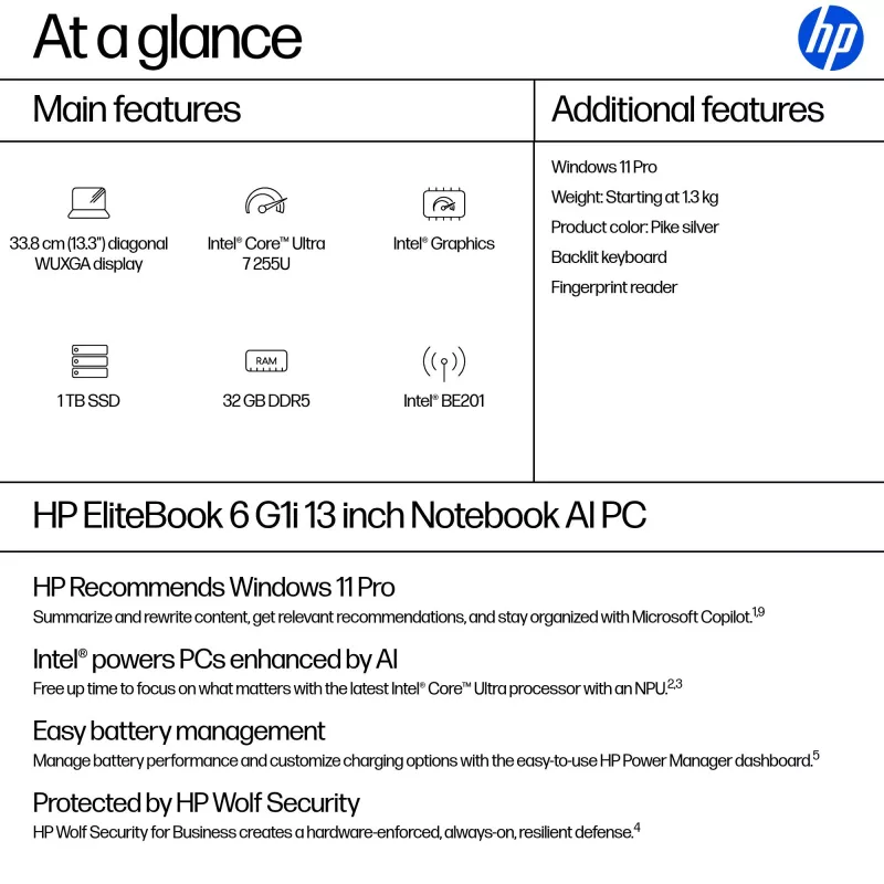 HP EliteBook 6 G1i AI PC Intel Core Ultra 7 255U Sülearvuti 33,8 cm (13,3 tolli) WUXGA 32 GB DDR5-SDRAM Wi-Fi 7 (802.11be) Windows 11 Pro Hõbedane