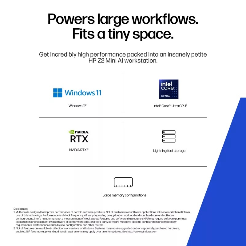 HP Z2 G1i Intel Core Ultra 7 265K 32 GB DDR5-SDRAM NVIDIA RTX 2000 Ada Windows 11 Pro Mini PC Tööjaam AI Tööjaam, AI PC